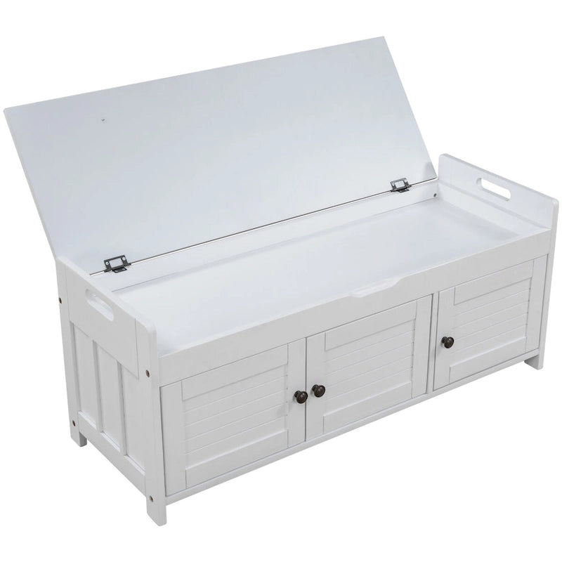 Banco de almacenamiento con 3 puertas tipo persiana, cojín extraíble y espacio de almacenamiento oculto - 43.5L x 16W x 18H