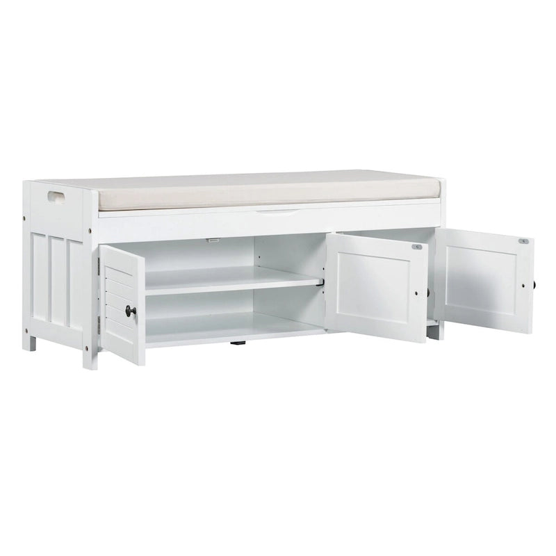 Banco de almacenamiento con 3 puertas tipo persiana, cojín extraíble y espacio de almacenamiento oculto - 43.5L x 16W x 18H