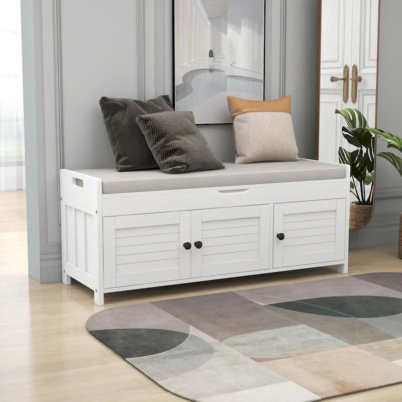 Banco de almacenamiento con 3 puertas tipo persiana, cojín extraíble y espacio de almacenamiento oculto - 43.5L x 16W x 18H