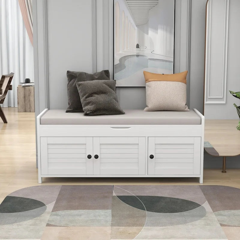 Banco de almacenamiento con 3 puertas tipo persiana, cojín extraíble y espacio de almacenamiento oculto - 43.5L x 16W x 18H