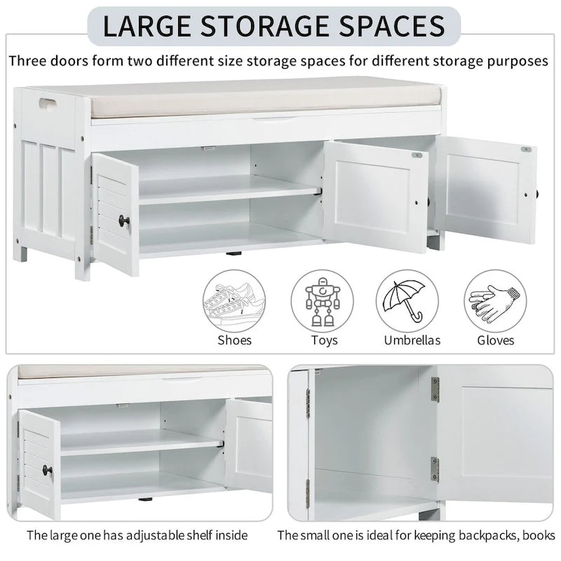 Banco de almacenamiento con 3 puertas tipo persiana, cojín extraíble y espacio de almacenamiento oculto - 43.5L x 16W x 18H