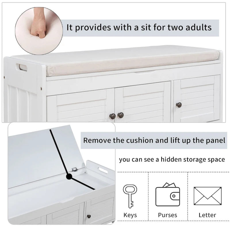 Banco de almacenamiento con 3 puertas tipo persiana, cojín extraíble y espacio de almacenamiento oculto - 43.5L x 16W x 18H