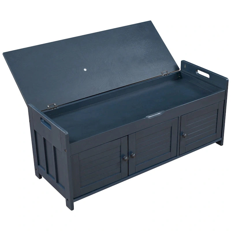 Banco de almacenamiento con 3 puertas tipo persiana, cojín extraíble y espacio de almacenamiento oculto - 43.5L x 16W x 18H