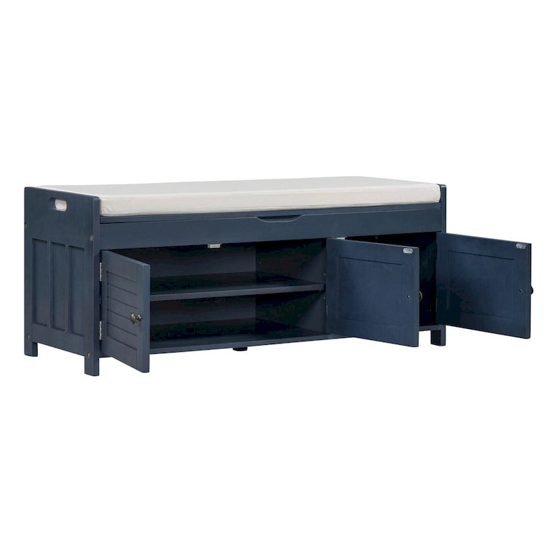 Banco de almacenamiento con 3 puertas tipo persiana, cojín extraíble y espacio de almacenamiento oculto - 43.5L x 16W x 18H