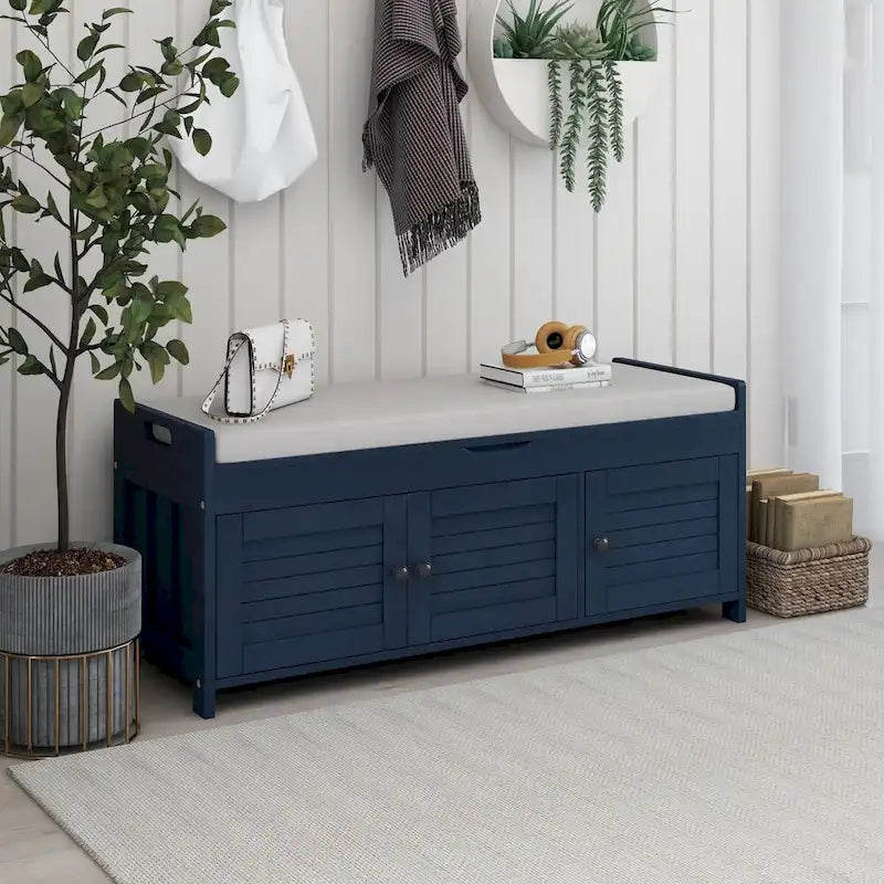 Banco de almacenamiento con 3 puertas tipo persiana, cojín extraíble y espacio de almacenamiento oculto - 43.5L x 16W x 18H