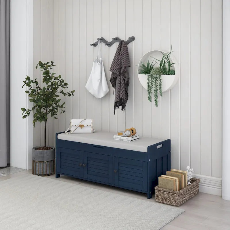 Banco de almacenamiento con 3 puertas tipo persiana, cojín extraíble y espacio de almacenamiento oculto - 43.5L x 16W x 18H