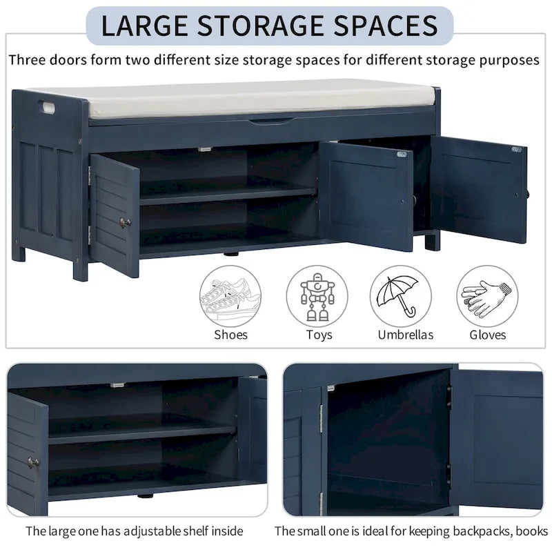 Banco de almacenamiento con 3 puertas tipo persiana, cojín extraíble y espacio de almacenamiento oculto - 43.5L x 16W x 18H