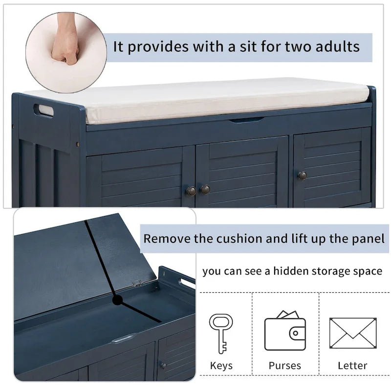 Banco de almacenamiento con 3 puertas tipo persiana, cojín extraíble y espacio de almacenamiento oculto - 43.5L x 16W x 18H