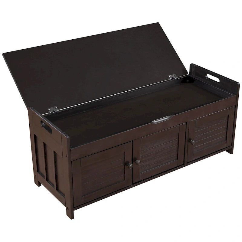 Banco de almacenamiento con 3 puertas tipo persiana, cojín extraíble y espacio de almacenamiento oculto - 43.5L x 16W x 18H