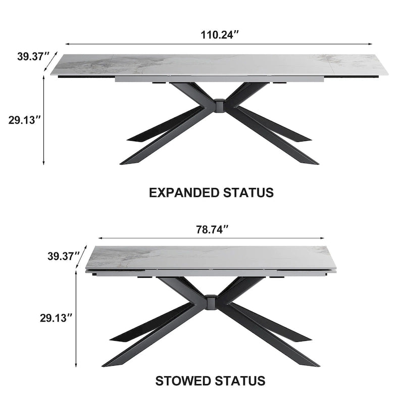 110.24 Mesa de comedor rectangular extensible de piedra sinterizada - 78.74 a 110.24