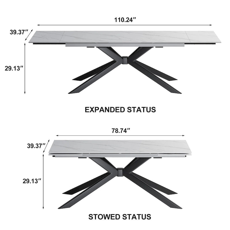 110.24 Mesa de comedor rectangular extensible de piedra sinterizada - 78.74 a 110.24