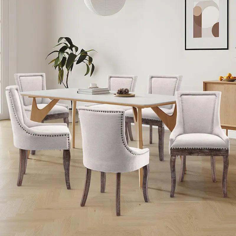 Juego de 6 sillas de comedor tapizadas con respaldo de ala, diseño tradicional y capitoné de lujo