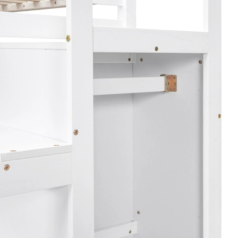 Cama alta de tamaño completo con armario de almacenamiento y escalera integrados