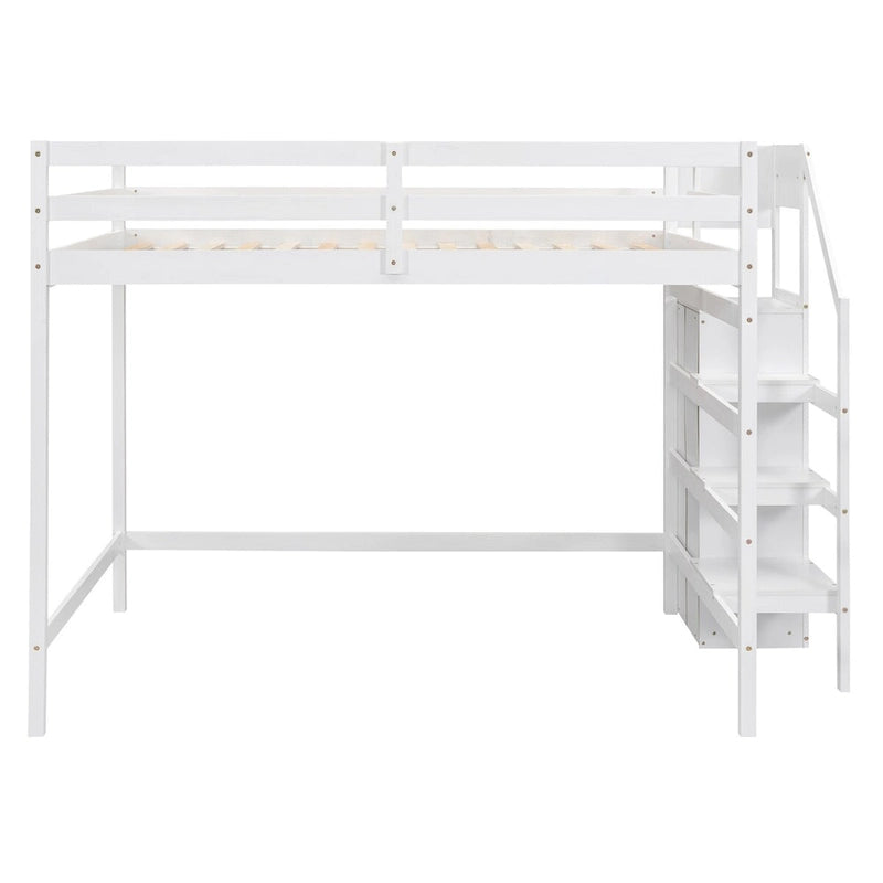 Cama alta de tamaño completo con armario de almacenamiento y escalera integrados