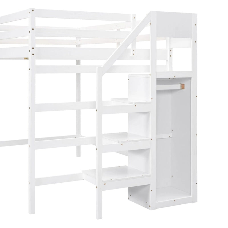 Cama alta de tamaño completo con armario de almacenamiento y escalera integrados