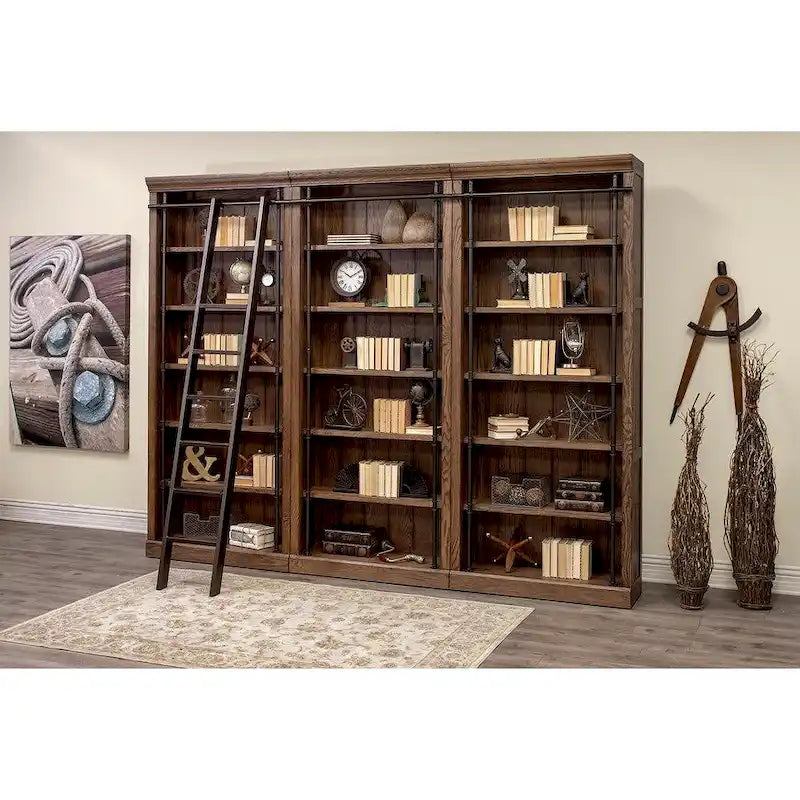 Pared de estantería de 8 pies de altura con escalera, organizador de almacenamiento, estante de exhibición para oficina, marrón - 120W x 94H x 15D