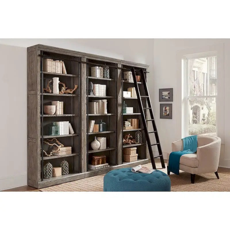 Pared de estantería de 8 pies de altura con escalera, organizador de almacenamiento, estante de exhibición para oficina, marrón - 120W x 94H x 15D
