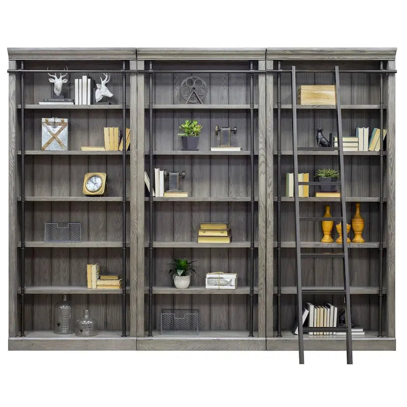 Pared de estantería de 8 pies de altura con escalera, organizador de almacenamiento, estante de exhibición para oficina, marrón - 120W x 94H x 15D