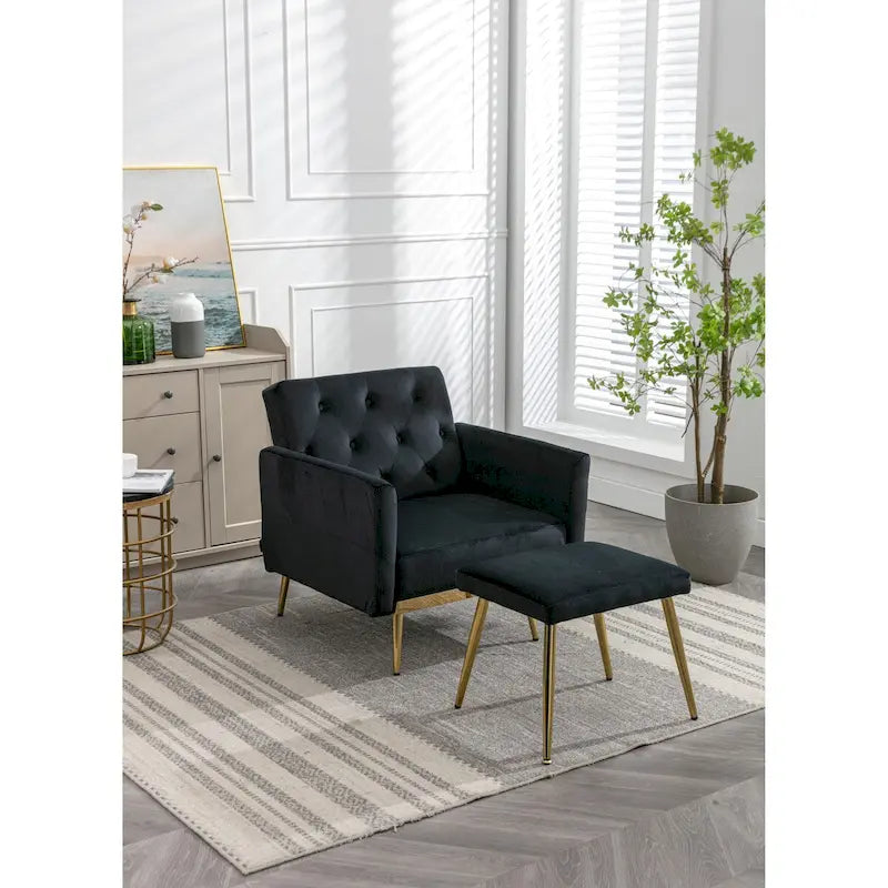 Sillón Acentual de Terciopelo con Reposabrazos y Respaldo Ajustables, Sillón Tapizado con Botones, Sillón Reclinable Individual con Otomana