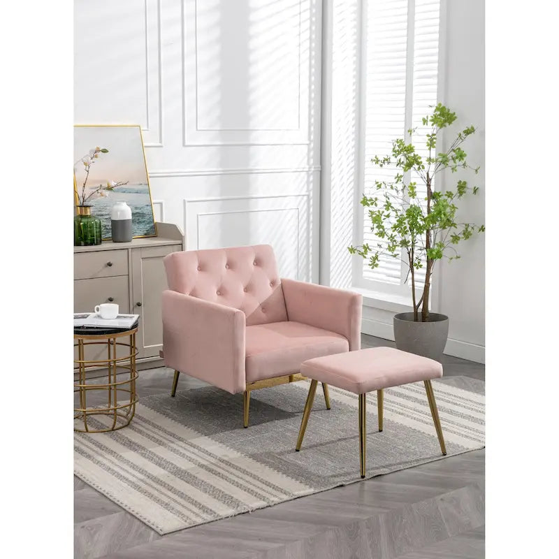 Sillón Acentual de Terciopelo con Reposabrazos y Respaldo Ajustables, Sillón Tapizado con Botones, Sillón Reclinable Individual con Otomana