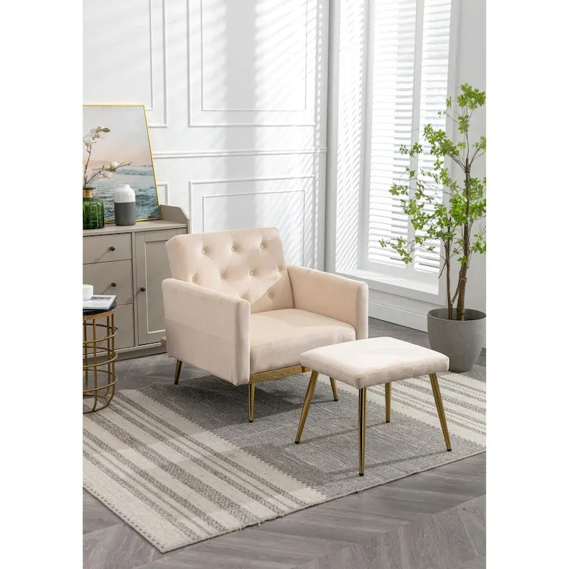 Sillón Acentual de Terciopelo con Reposabrazos y Respaldo Ajustables, Sillón Tapizado con Botones, Sillón Reclinable Individual con Otomana