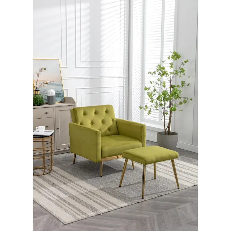 Sillón Acentual de Terciopelo con Reposabrazos y Respaldo Ajustables, Sillón Tapizado con Botones, Sillón Reclinable Individual con Otomana
