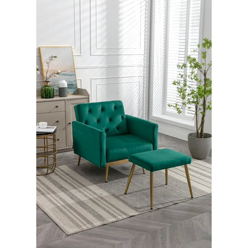 Sillón Acentual de Terciopelo con Reposabrazos y Respaldo Ajustables, Sillón Tapizado con Botones, Sillón Reclinable Individual con Otomana
