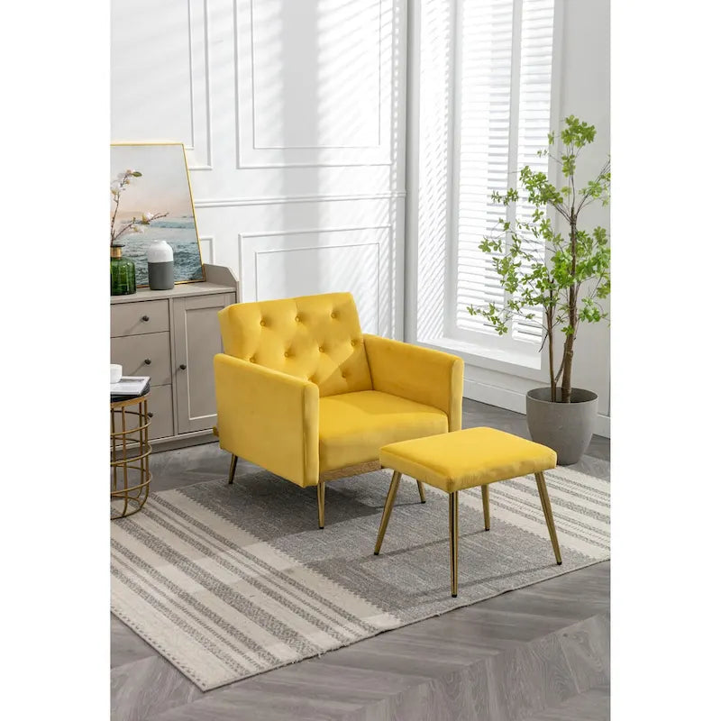 Sillón Acentual de Terciopelo con Reposabrazos y Respaldo Ajustables, Sillón Tapizado con Botones, Sillón Reclinable Individual con Otomana
