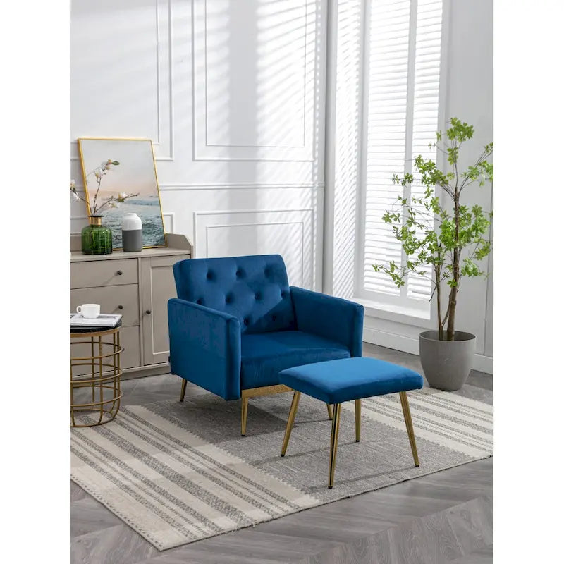 Sillón Acentual de Terciopelo con Reposabrazos y Respaldo Ajustables, Sillón Tapizado con Botones, Sillón Reclinable Individual con Otomana
