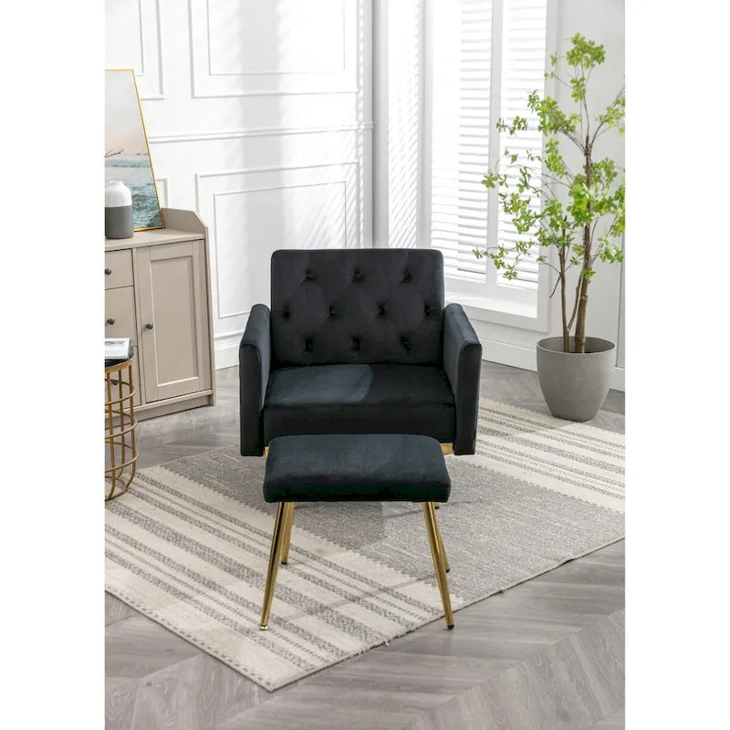 Sillón Acentual de Terciopelo con Reposabrazos y Respaldo Ajustables, Sillón Tapizado con Botones, Sillón Reclinable Individual con Otomana
