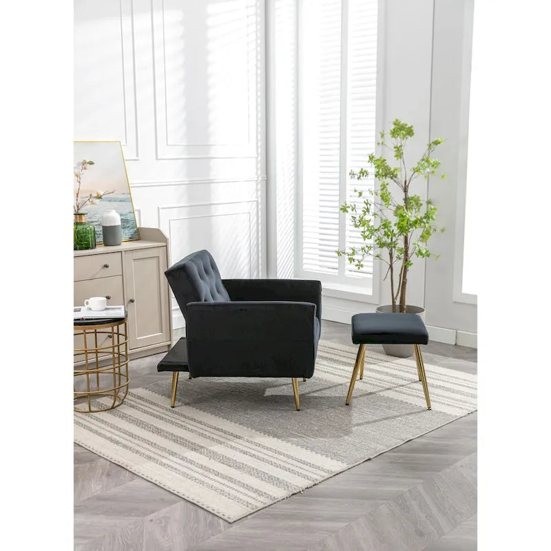Sillón Acentual de Terciopelo con Reposabrazos y Respaldo Ajustables, Sillón Tapizado con Botones, Sillón Reclinable Individual con Otomana