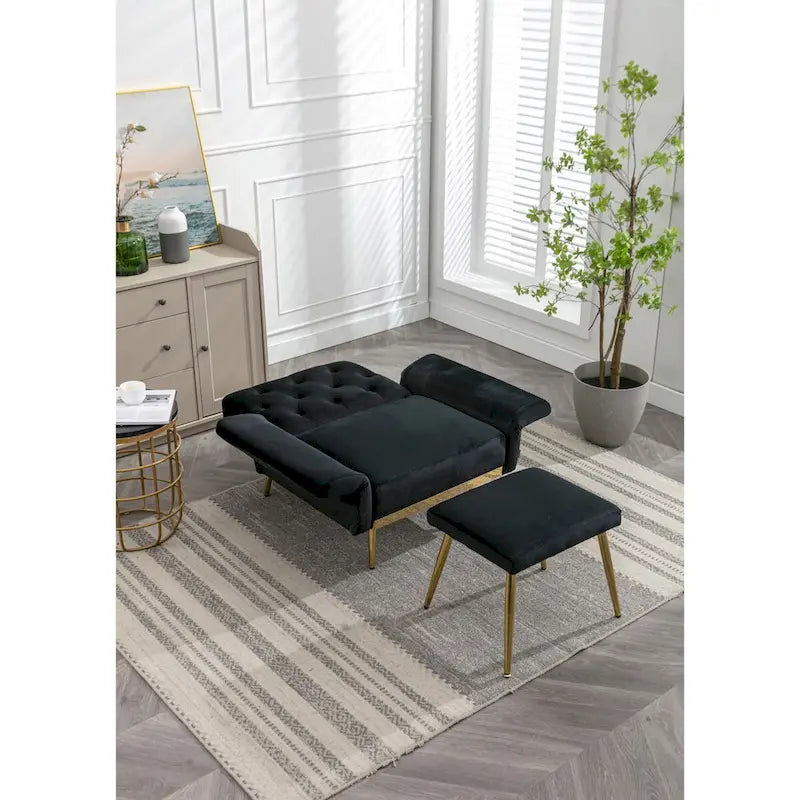 Sillón Acentual de Terciopelo con Reposabrazos y Respaldo Ajustables, Sillón Tapizado con Botones, Sillón Reclinable Individual con Otomana