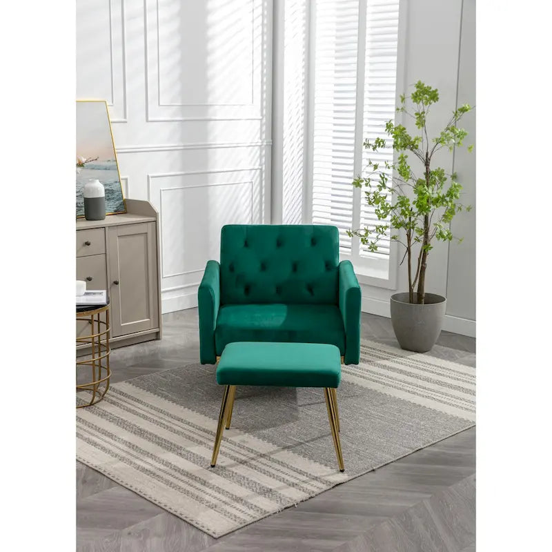 Sillón Acentual de Terciopelo con Reposabrazos y Respaldo Ajustables, Sillón Tapizado con Botones, Sillón Reclinable Individual con Otomana