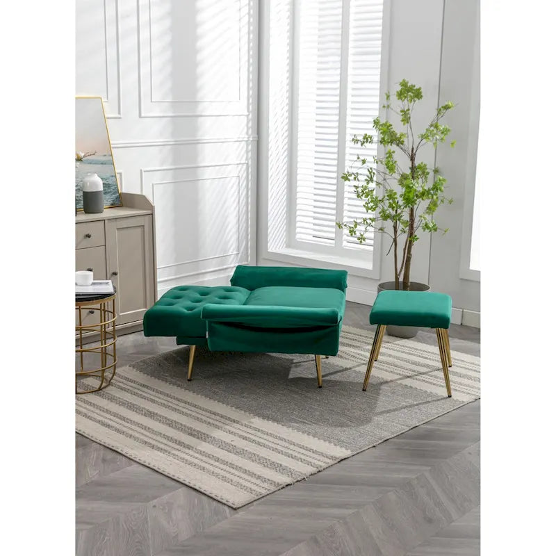 Sillón Acentual de Terciopelo con Reposabrazos y Respaldo Ajustables, Sillón Tapizado con Botones, Sillón Reclinable Individual con Otomana