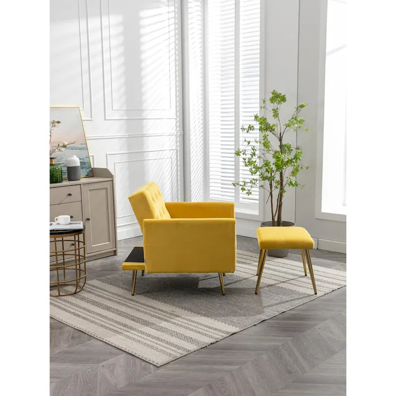 Sillón Acentual de Terciopelo con Reposabrazos y Respaldo Ajustables, Sillón Tapizado con Botones, Sillón Reclinable Individual con Otomana