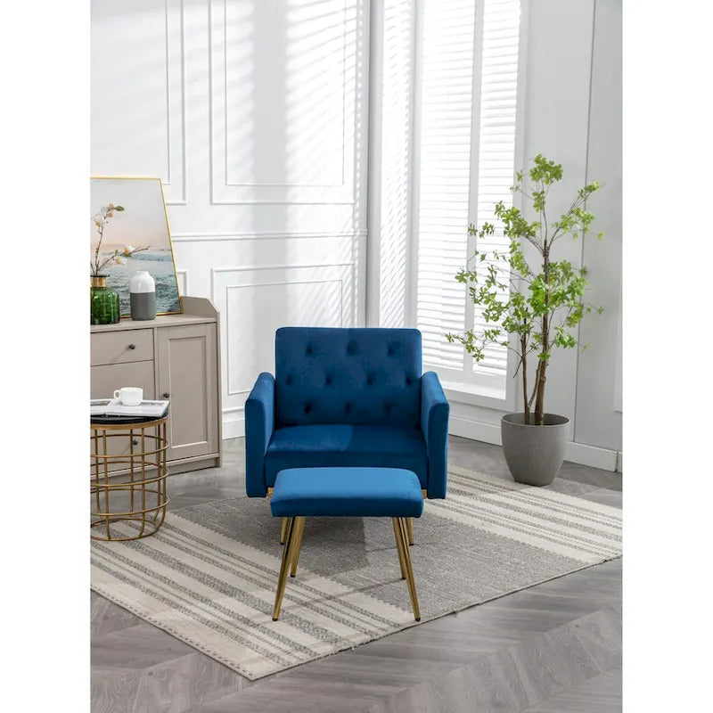 Sillón Acentual de Terciopelo con Reposabrazos y Respaldo Ajustables, Sillón Tapizado con Botones, Sillón Reclinable Individual con Otomana
