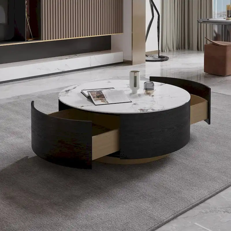 Mesa de centro redonda moderna con 2 cajones, tapa de piedra sinterizada y base dorada
