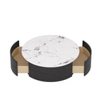 Mesa de centro redonda moderna con 2 cajones, tapa de piedra sinterizada y base dorada