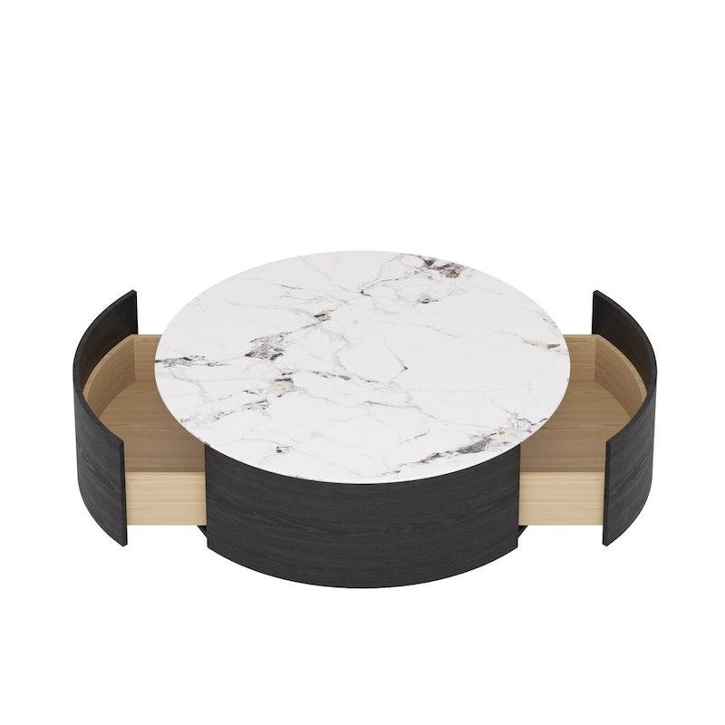 Mesa de centro redonda moderna con 2 cajones, tapa de piedra sinterizada y base dorada