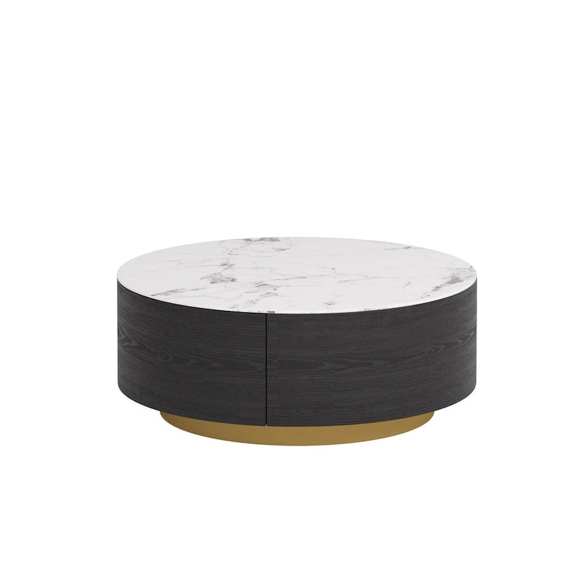 Mesa de centro redonda moderna con 2 cajones, tapa de piedra sinterizada y base dorada
