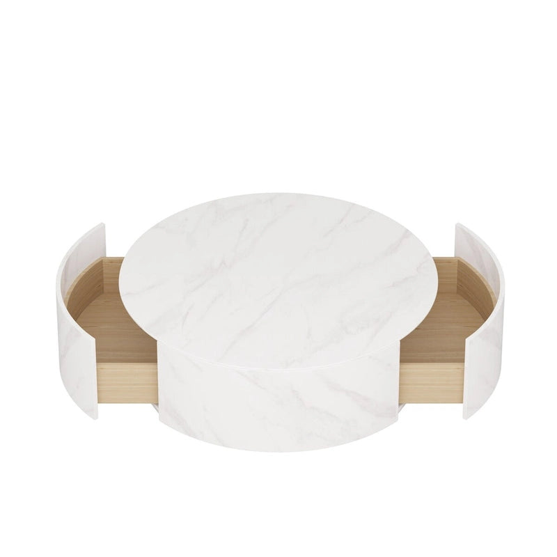 Mesa de centro redonda moderna con 2 cajones, tapa de piedra sinterizada y base dorada