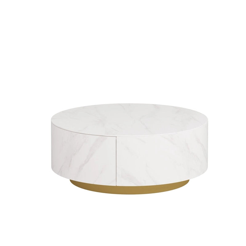 Mesa de centro redonda moderna con 2 cajones, tapa de piedra sinterizada y base dorada