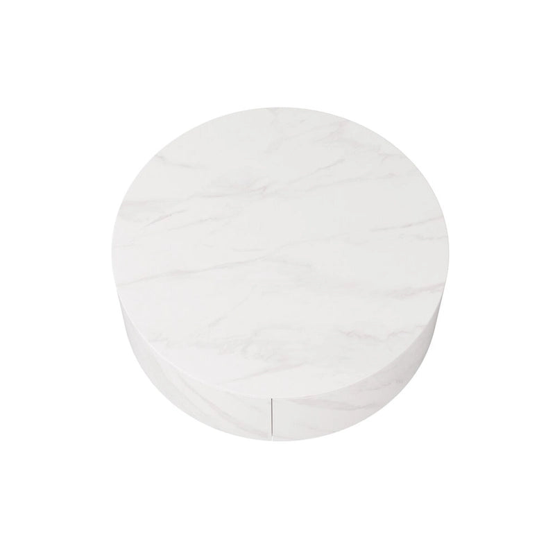 Mesa de centro redonda moderna con 2 cajones, tapa de piedra sinterizada y base dorada