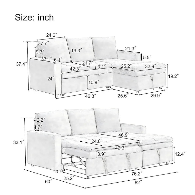 Sofá Cama Seccional Tapizado Suave con Espacio de Almacenamiento, Adecuado para Salas de Estar y Apartamentos
