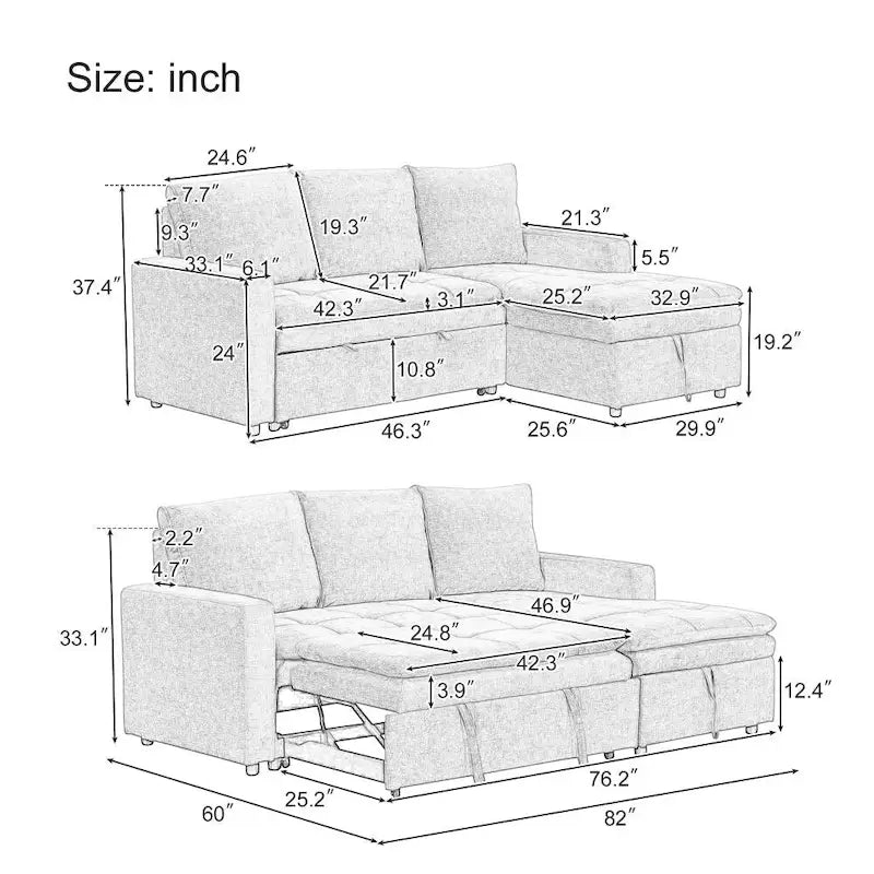 Sofá Cama Seccional Tapizado Suave con Espacio de Almacenamiento, Adecuado para Salas de Estar y Apartamentos