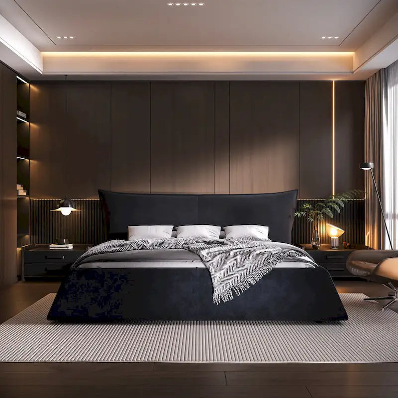 Base de Cama King Size Tapizada en Terciopelo con Cabecero Acolchado Suave