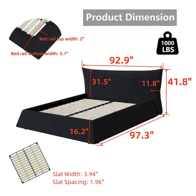 Base de Cama King Size Tapizada en Terciopelo con Cabecero Acolchado Suave