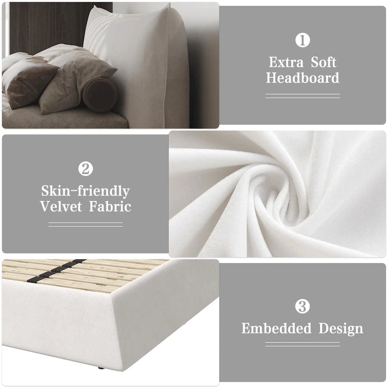 Base de Cama King Size Tapizada en Terciopelo con Cabecero Acolchado Suave